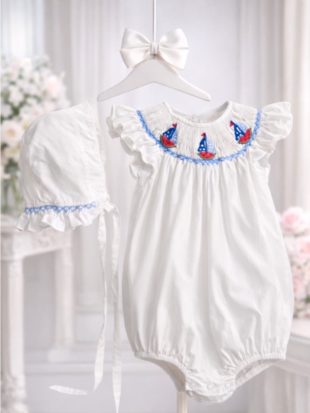 Vintage Rare Fantaisie Bébé Smocked Sailboat Bubble Romper & Bonnet Set 12M